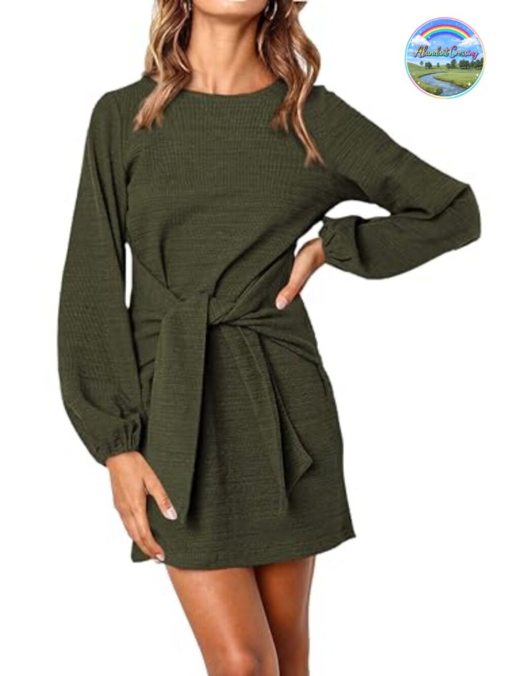 Women's Crewneck Long Sleeve Lantern Sleeve Mini Dress Tie Waist Wrap